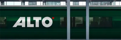 Rendering of a train stop with Alto high speed rail