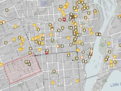Map with icons representing locations of heritage resources