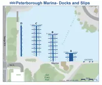 Overhead illustration showing docks A, B, C and D as well as, locations of slips. Del Crary park to south, parking lot to south west, George Street on west side, and gas dock east of dock A